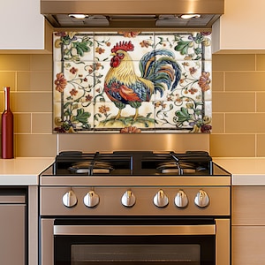 Achterwand voor fornuis, spatscherm gehard glas, tegelontwerp haan, aangepast formaat