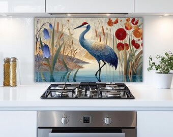 Blue Crane Glass Backsplash, Wetland Bird Kitchen Splashback, Red Crown Heron Stove Panel