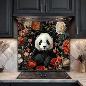 Panda Bear Tempered Glass Backsplash, Vintage Floral Animal Art, Wildlife Kitchen Panel Behind Hob