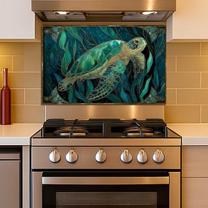 Backsplash for Stove, Tempered Glass Range Splashback, Stained Glass Sea Turtle, Custom Size