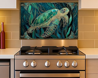 Backsplash for Stove, Tempered Glass Range Splashback, Stained Glass Sea Turtle, Custom Size