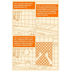 Infographic guide for installing a glass backsplash. Step 1 illustrates cleaning the wall surface. Step 2 shows applying silicone and double-sided tape to the back of the panel. Step 3 demonstrates pressing the art panel firmly onto the wall behind a stove for secure adhesion.