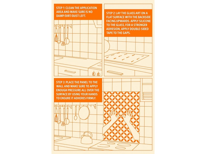 Infographic guide for installing a glass backsplash. Step 1 illustrates cleaning the wall surface. Step 2 shows applying silicone and double-sided tape to the back of the panel. Step 3 demonstrates pressing the art panel firmly onto the wall behind a stove for secure adhesion.