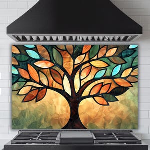 Backsplash de vidro Árvore da Vida – Painel impresso UV em estilo vitral em close-up – Decoração de backsplash de cozinha espiritual moderna, arte de parede temperada