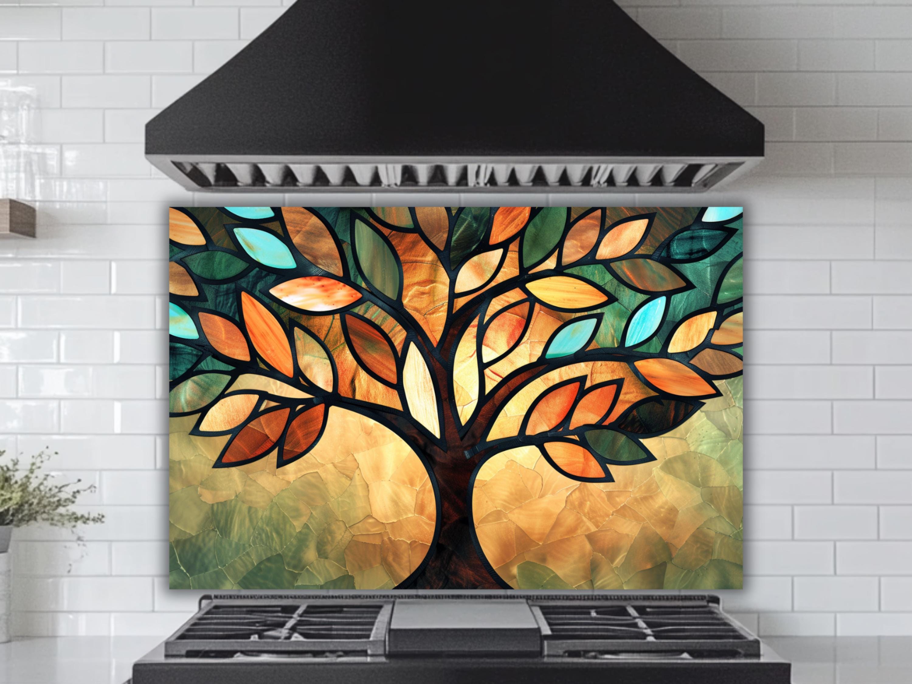 Tree of Life Glass Backsplash – Close-Up Stained Glass Style UV Printed Panel – Modern Spiritual Kitchen Splashback Decor, Tempered Wall Art
