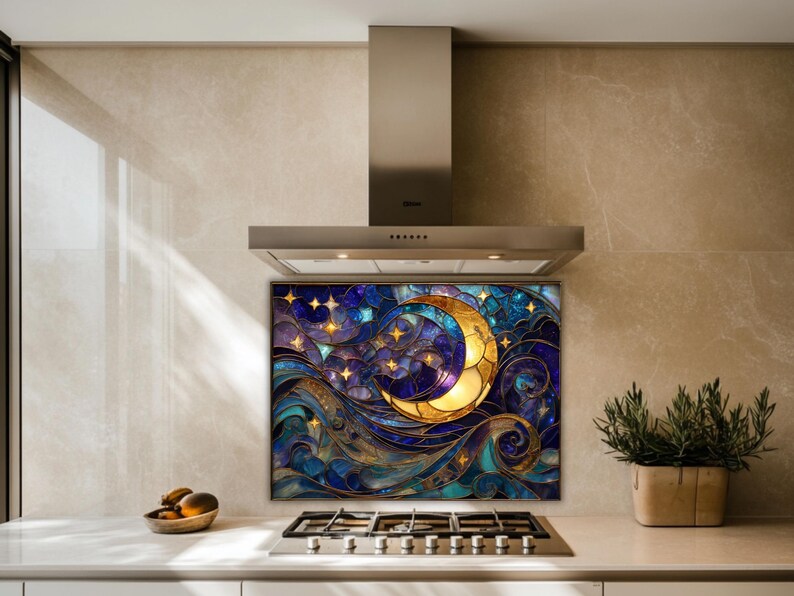Glass Backsplash Panel: Moon and Stars Design - Blue Gold Accent - Etsy