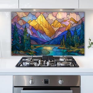 Stained Glass Mountain Backsplash: Tempered Glass Kitchen Art