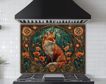 Art Nouveau Stained Glass Fox Backsplash: Floral Kitchen Panel