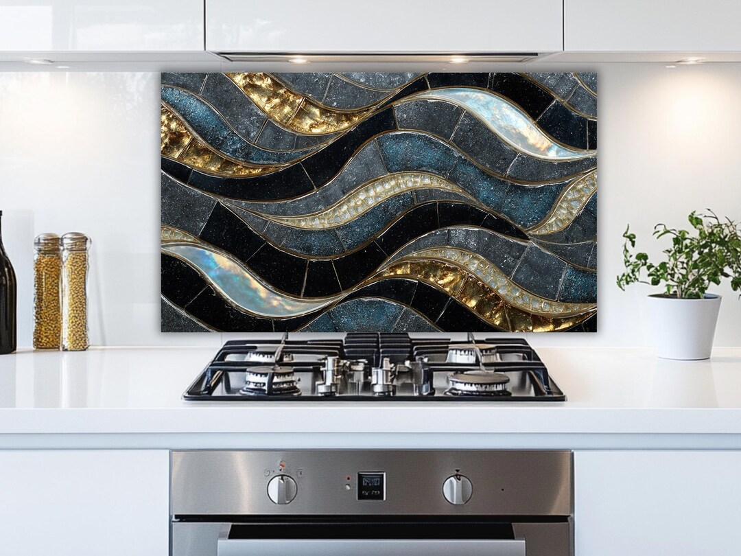 Black Gold Wavy Mosaic Glass Backsplash, Abstract Fluid Kitchen ...