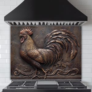 Rooster Kitchen Backsplash: Bronze Style Tempered Glass Panel