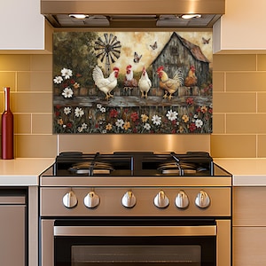 Achterwand voor fornuis, spatscherm gehard glas, ontwerp boerderij haan, aangepast formaat