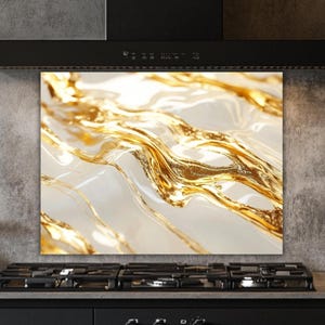 Luxe goudkleurige glazen achterwand – moderne aanrecht spatwand kunst aan de muur – UV-bedrukt spatpaneel van gehard glas, elegant metallic decor