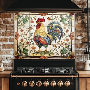 Colorful Rooster Kitchen Backsplash: Vintage Farmhouse Toughened Glass Tile