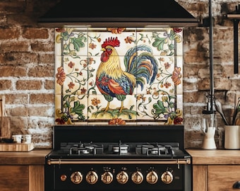 Colorful Rooster Kitchen Backsplash: Vintage Farmhouse Toughened Glass Tile