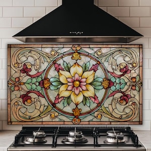 Art Nouveau Floral Kitchen Backsplash - Tempered Glass Panel
