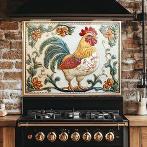 Farmhouse Rooster Kitchen Backsplash: UV Printed Tempered Glass Art