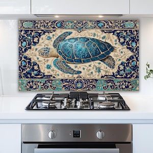 May include: A decorative kitchen backsplash featuring a detailed illustration of a sea turtle. The turtle is a vibrant blue with gold accents, set against a cream background with blue floral patterns. The border is a deep blue with teal accents, creating a striking visual.