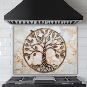 Backsplash de Árvore da Vida em Bronze – Painel de Vidro Temperado com Fundo de Mármore – Arte de Parede Sagrada para Cozinha, Decoração de Casa Elegante e Terrosa