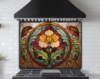 Stained Glass Floral Backsplash Panel, Art Nouveau Tempered Splashback, Vintage Flower UV Printed Glass Custom Size Kitchen Stove Sink Decor