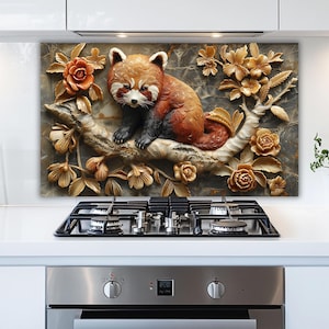 May include: A decorative kitchen backsplash featuring a red panda perched on a branch with carved flowers. The artwork has a marble-like background and is installed above a gas stove. The red panda has a reddish-brown coat and black legs.