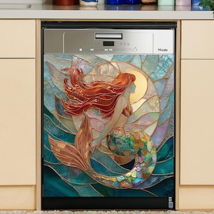 Stained Glass Mermaid Dishwasher Magnet Cover: Coastal Kitchen Decor