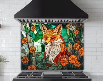 Stained Glass Look Fox Backsplash: Woodland Art with Orange Wildflowers