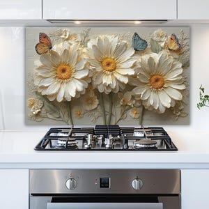 Daisy & Butterfly Tempered Glass Stove Backsplash – Kitchen Splashback Panel