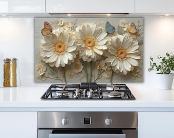 Daisy & Butterfly Tempered Glass Stove Backsplash – Kitchen Splashback Panel
