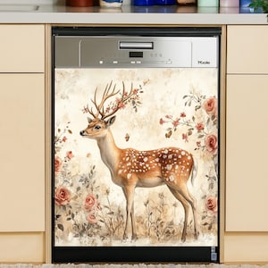 Vintage Floral Deer Dishwasher Magnet Cover: Cottagecore Kitchen Decor
