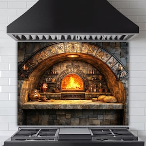 Tuscan Kitchen Backsplash: Rustic Stone Oven Tempered Glass Panel