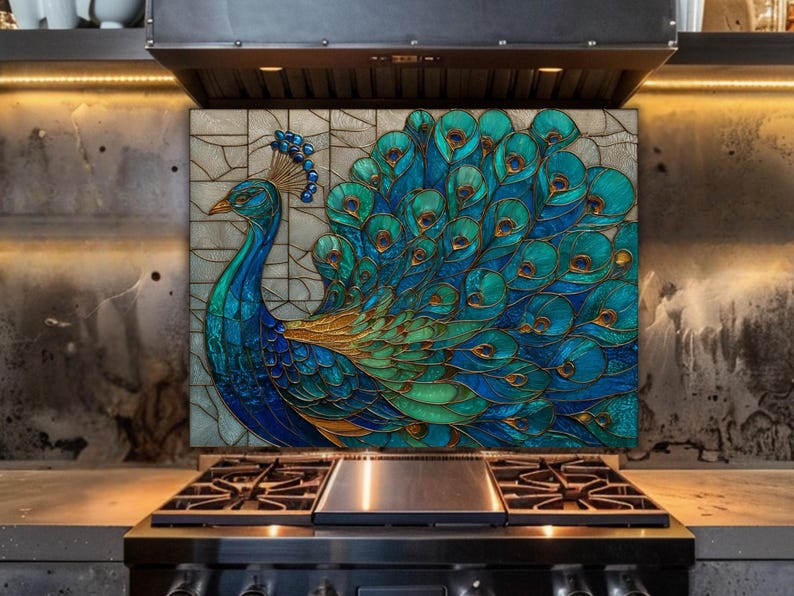 Vibrant peacock stained glass kitchen backsplash with shades of blue and teal. The artistic panel is mounted behind a professional gas range in an industrial kitchen with dark concrete-textured walls and warm under-cabinet lighting.