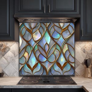 Tempered Glass Backsplash, Opal Gold Art Deco Petals, UV-Printed, Heat Resistant