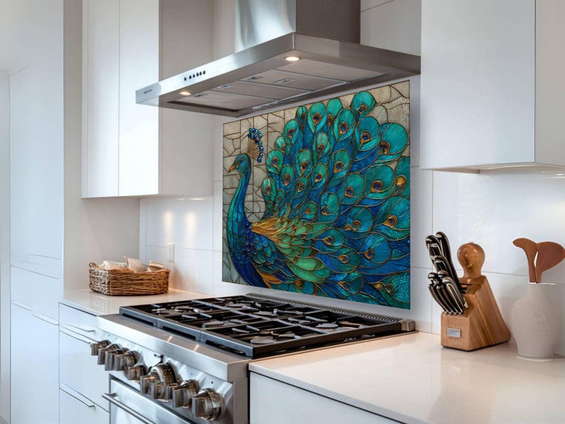 Vibrant peacock stained-glass backsplash in shades of teal and blue, mounted behind a professional gas range in a sleek white kitchen with a stainless steel hood and minimalist white cabinetry.