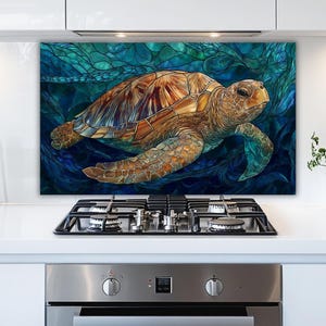 Sea Turtle Tempered Glass Backsplash, Ocean Mosaic Style (Custom Sizes)