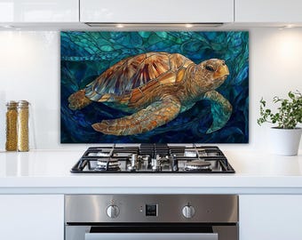 Sea Turtle Tempered Glass Backsplash, Ocean Mosaic Style (Custom Sizes)