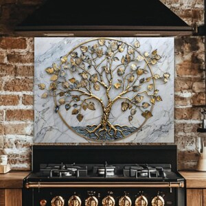 Golden Tree of Life Glass Backsplash: Marble Effect Kitchen Decor