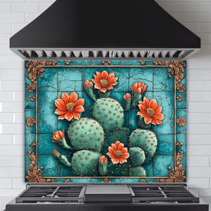 Cactus Flower Tempered Glass Backsplash: Turquoise Desert Botanical Wall Art