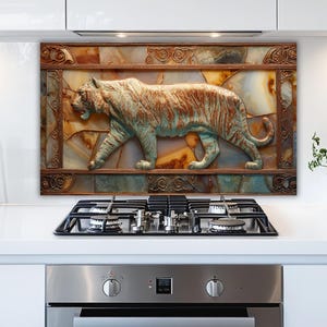 3D Patina Copper Tiger Glass Backsplash, Rustic Agate Kitchen Splashback, Sculptural Stove Panel