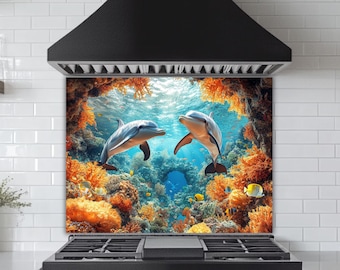 Dolphin Coral Reef Tempered Glass Backsplash: Underwater Ocean Art
