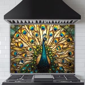 Stained Glass Peacock Backsplash: Tempered Glass Kitchen Art - Blue & Gold