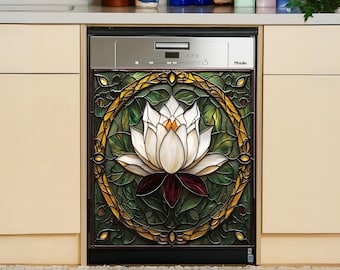 Dishwasher Magnet Cover – Stained Glass Lotus Design, Magnetic Dishwasher Wrap, Fridge Wrap & Mini Fridge Cover, Easy Install, Durable Vinyl