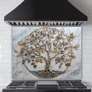Backsplash Golden Tree of Life – Painel de vidro temperado com efeito mármore, decoração elegante para cozinha espiritual, azulejo decorativo de parede com arte sagrada