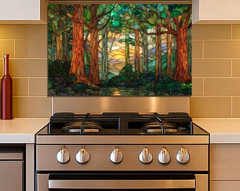 Tempered Glass Backsplash: Stained Forest Art - Heat Resistant