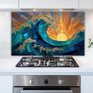 Dosseret en verre : motif soleil et mer, panneau trempé Ocean Wave