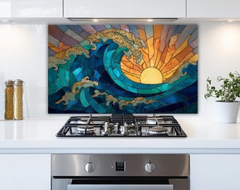 Glass Backsplash: Sun and Sea Design, Ocean Wave Tempered Panel