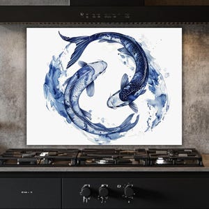 Yin Yang Koi Fish Tempered Glass Backsplash: Feng Shui Kitchen Decor