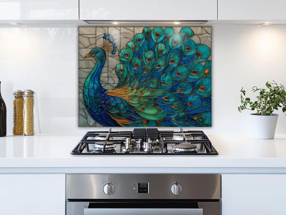Peacock Stove Backsplash Panel: Art Nouveau Tempered Glass Kitchen Decor