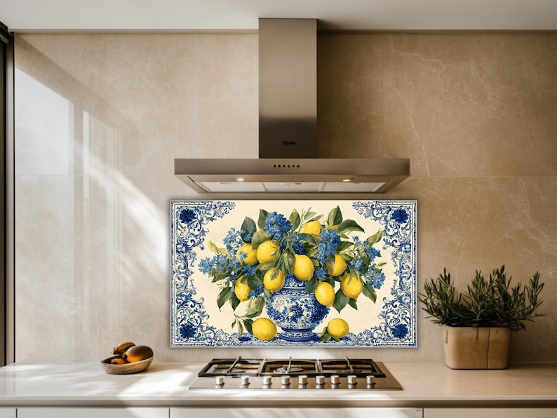 Lemon Splashbacks Lemon Citrus Glass Backsplash for Stove, Mediterranean Teal Kitchen ...