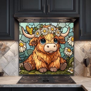 Highland Cow Backsplash: Stained Glass Style with Daisy Crown