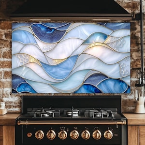 Ocean Waves Stove Backsplash: Art Nouveau Stained Glass Look